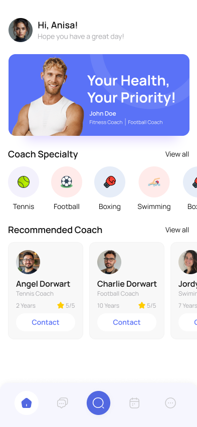 Find My Coach home screen showing coach specialties and recommendations
