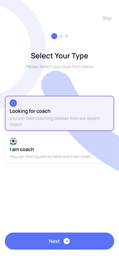 Onboarding screen to choose athlete or coach account type