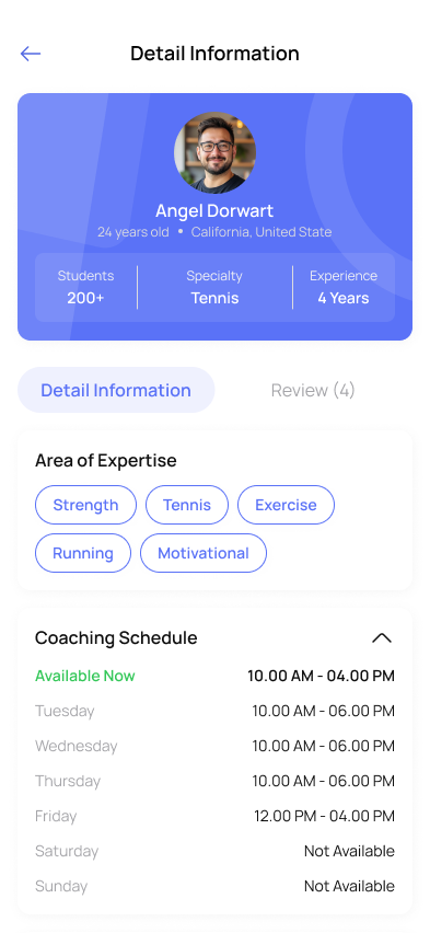 Detailed coach profile with expertise tags and weekly schedule