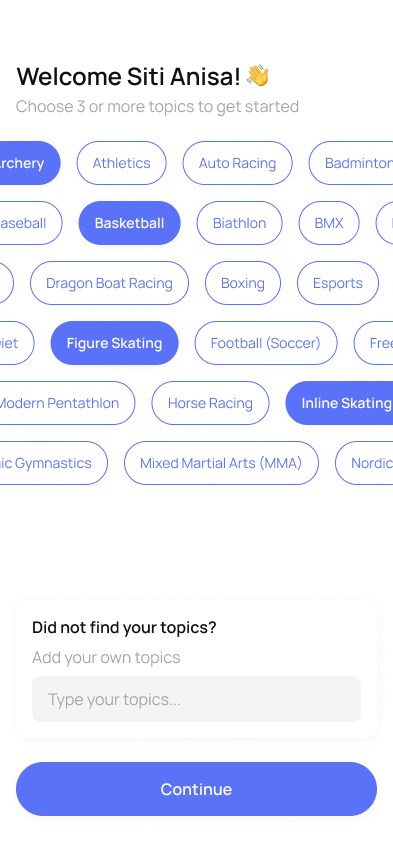 Sport selection screen with tennis, badminton, swimming, padel and more